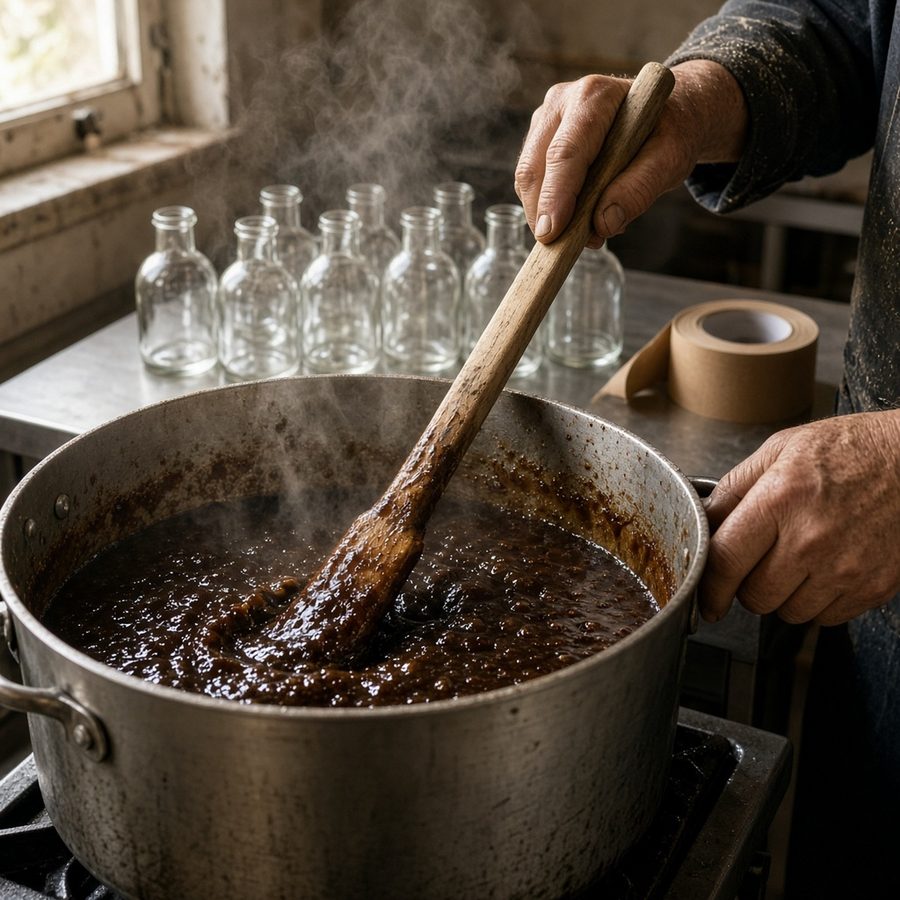 Hands stirring a stockpot of BBQ sauce in a small kitchen