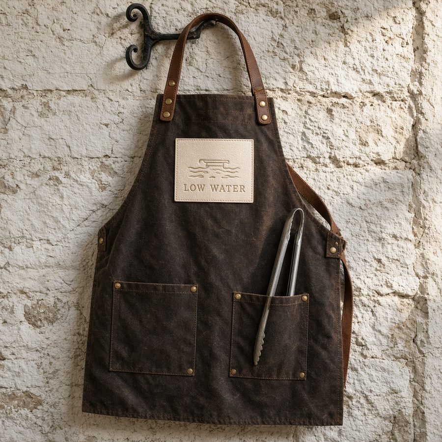 Waxed canvas Low Water pit apron hanging on a limestone wall