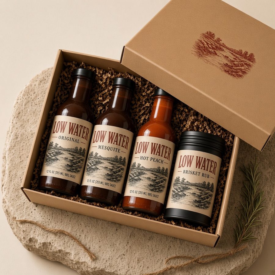 The Crossing Gift Box with three Low Water sauces and Brisket Rub
