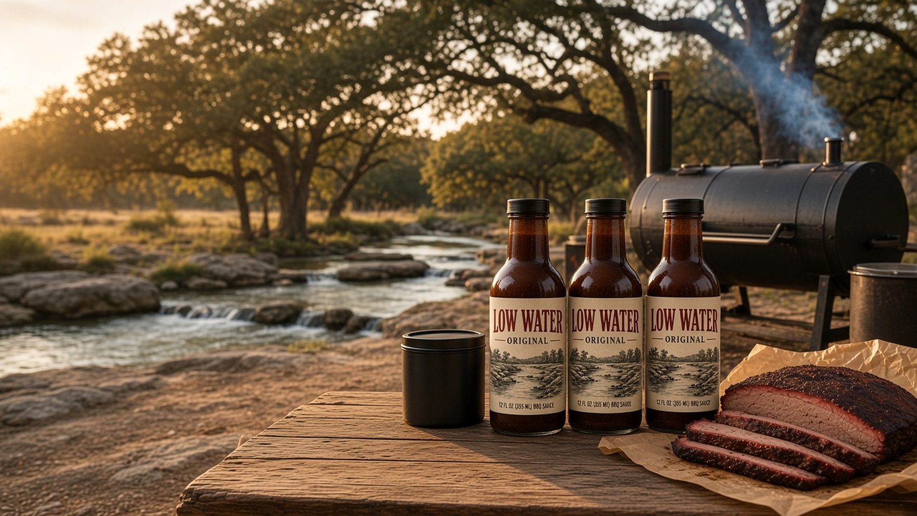 Low Water sauces on a plank table beside a smoker and a Hill Country creek crossing at golden hour