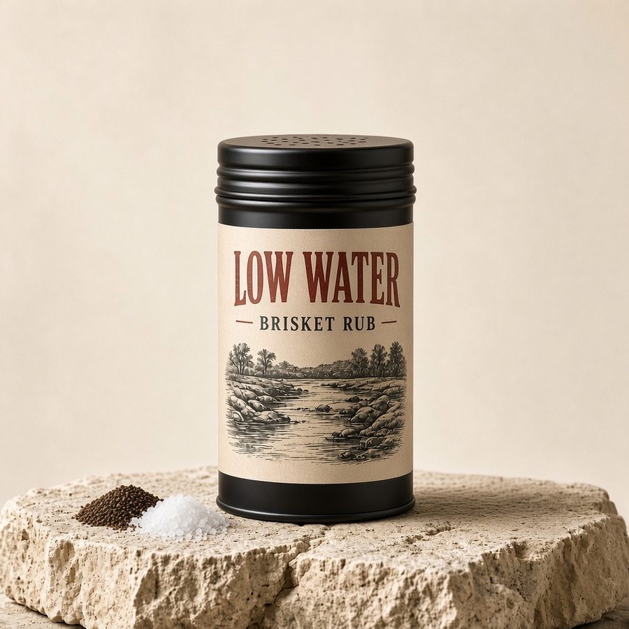 Low Water Brisket Rub shaker tin with coarse pepper and salt