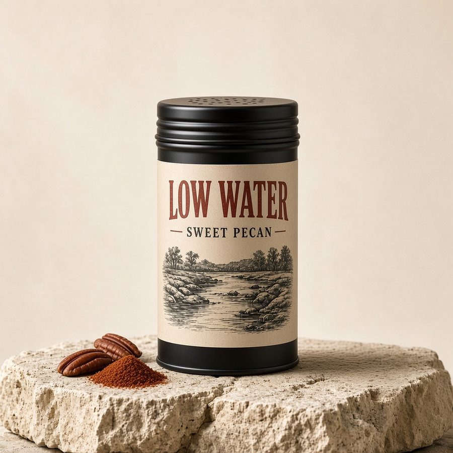 Low Water Sweet Pecan Rub shaker tin with paprika and pecans