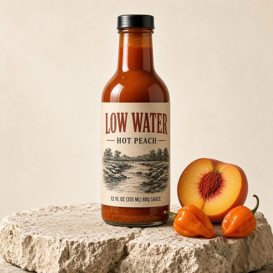 Low Water Hot Peach Habanero BBQ Sauce with fresh peach and habaneros