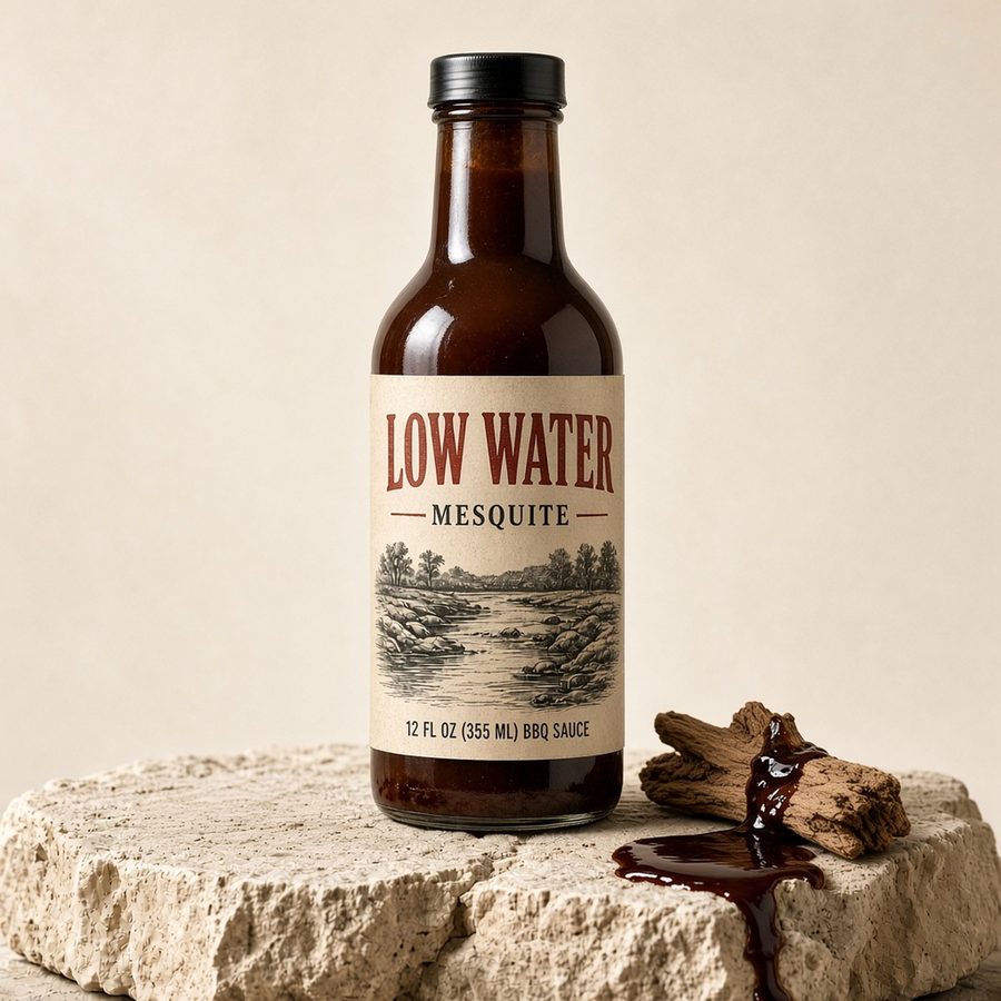 Low Water Mesquite Molasses BBQ Sauce bottle with mesquite wood