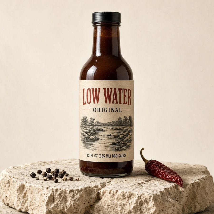 Low Water Original BBQ Sauce bottle on a limestone slab