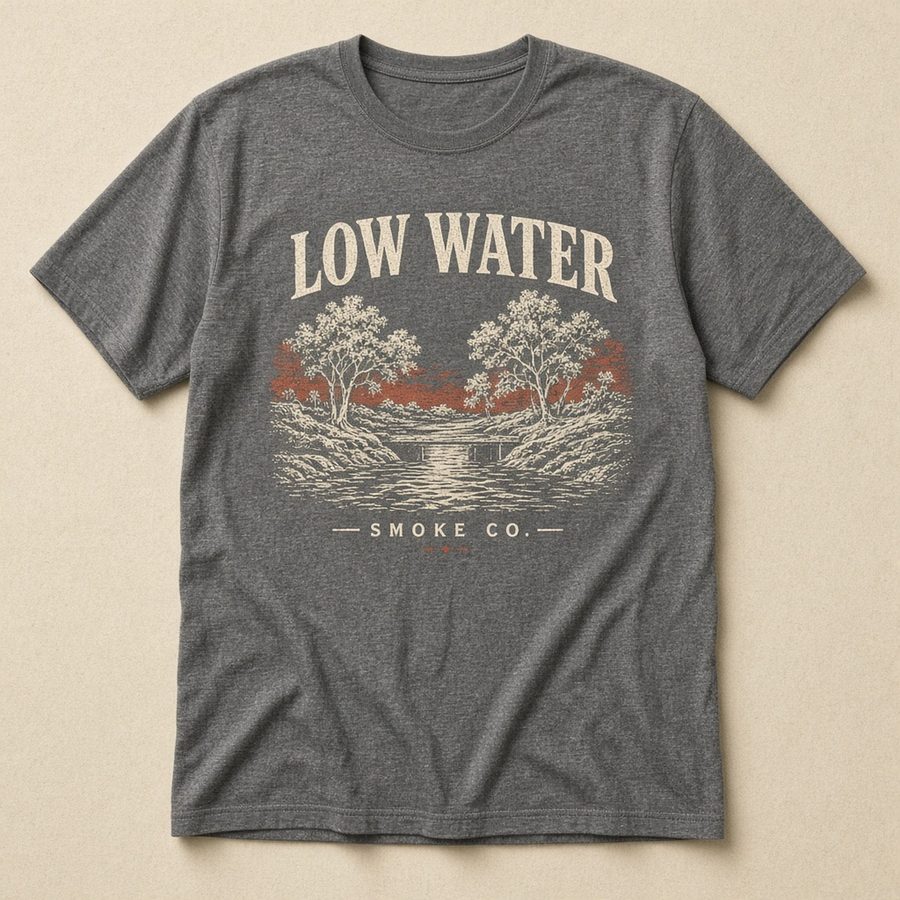 Heather charcoal Low Water Smoke Co. creek crossing t-shirt flat lay